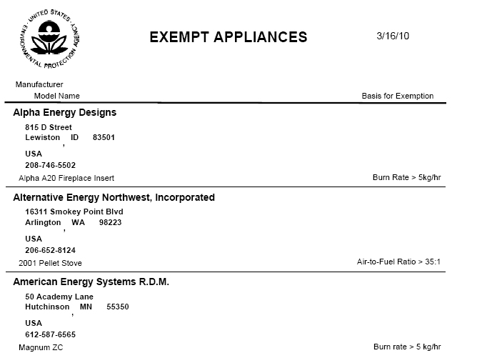 EPA Exempt Stoves and Wood Heating Appliances